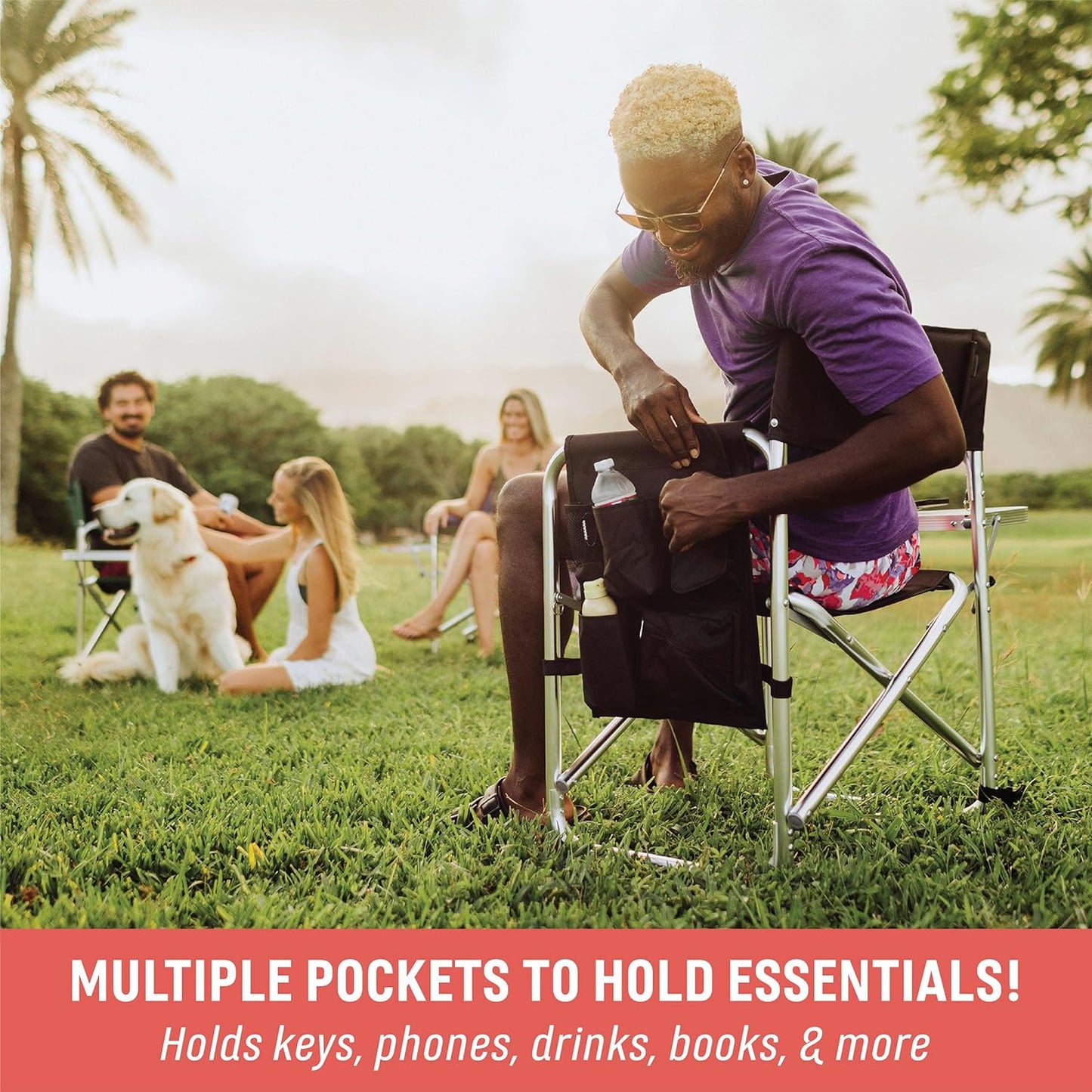 Sports Chair with Side Table, Outdoor Foldable Padded Adult Camping Chairs with Cup and Accessory Panel for Lawn, Beach, & Sports Use for Adults, up to 300-Lbs Capacity, (Red)