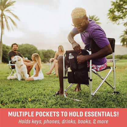 Sports Chair with Side Table, Outdoor Foldable Padded Adult Camping Chairs with Cup and Accessory Panel for Lawn, Beach, & Sports Use for Adults, up to 300-Lbs Capacity, (Red)