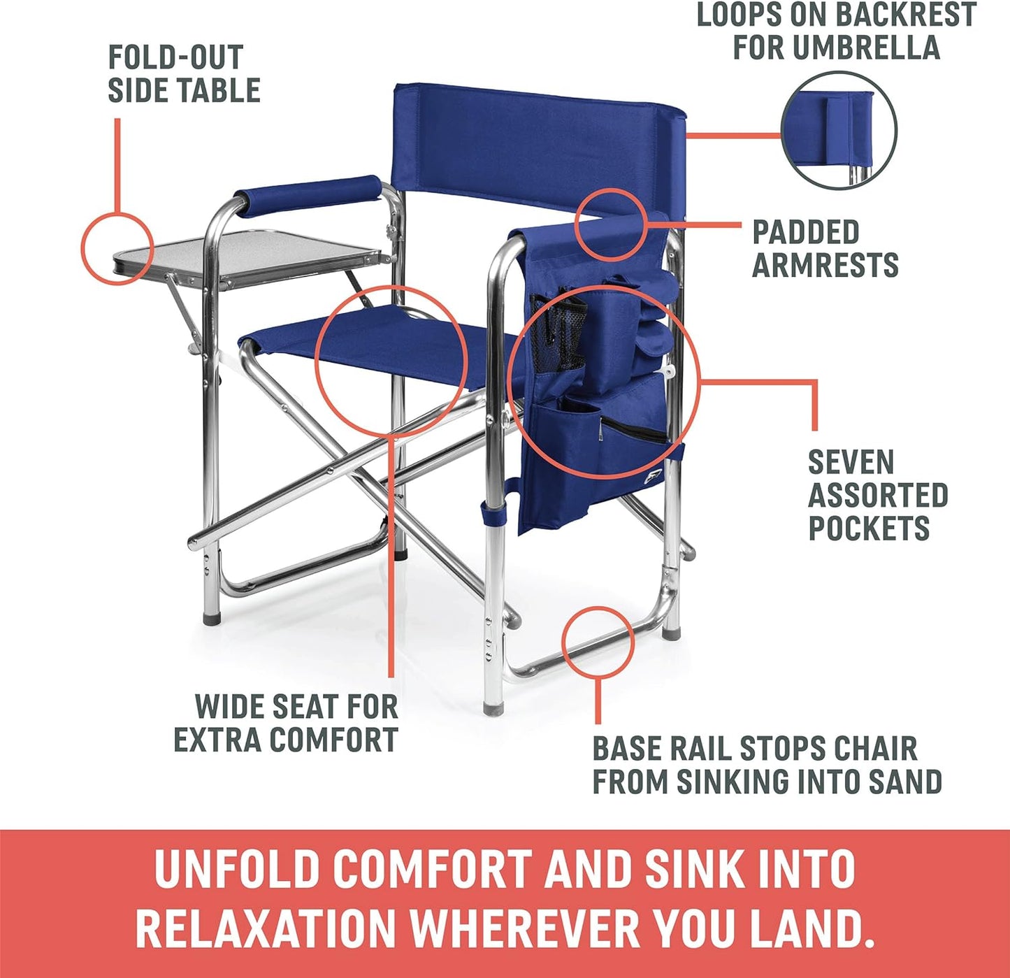 Sports Chair with Side Table, Outdoor Foldable Padded Adult Camping Chairs with Cup and Accessory Panel for Lawn, Beach, & Sports Use for Adults, up to 300-Lbs Capacity, (Red)