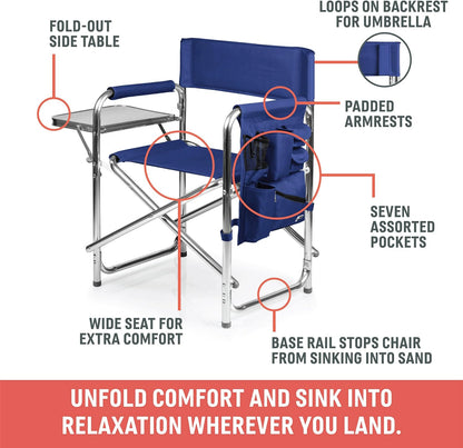 Sports Chair with Side Table, Outdoor Foldable Padded Adult Camping Chairs with Cup and Accessory Panel for Lawn, Beach, & Sports Use for Adults, up to 300-Lbs Capacity, (Red)