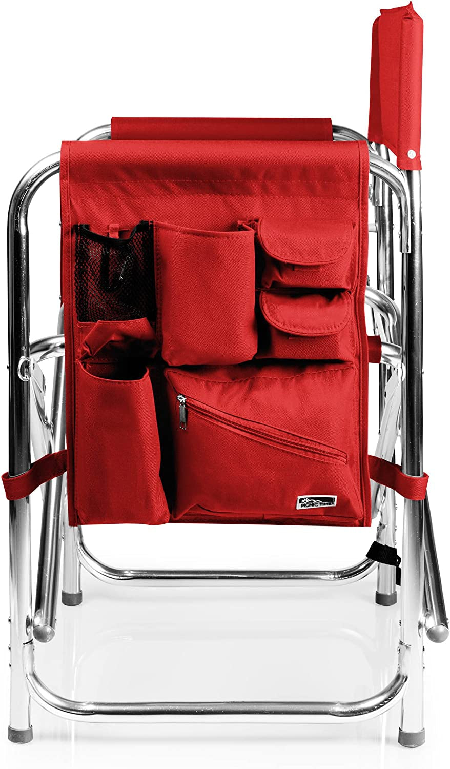 Sports Chair with Side Table, Outdoor Foldable Padded Adult Camping Chairs with Cup and Accessory Panel for Lawn, Beach, & Sports Use for Adults, up to 300-Lbs Capacity, (Red)