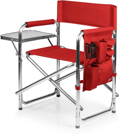 Sports Chair with Side Table, Outdoor Foldable Padded Adult Camping Chairs with Cup and Accessory Panel for Lawn, Beach, & Sports Use for Adults, up to 300-Lbs Capacity, (Red)